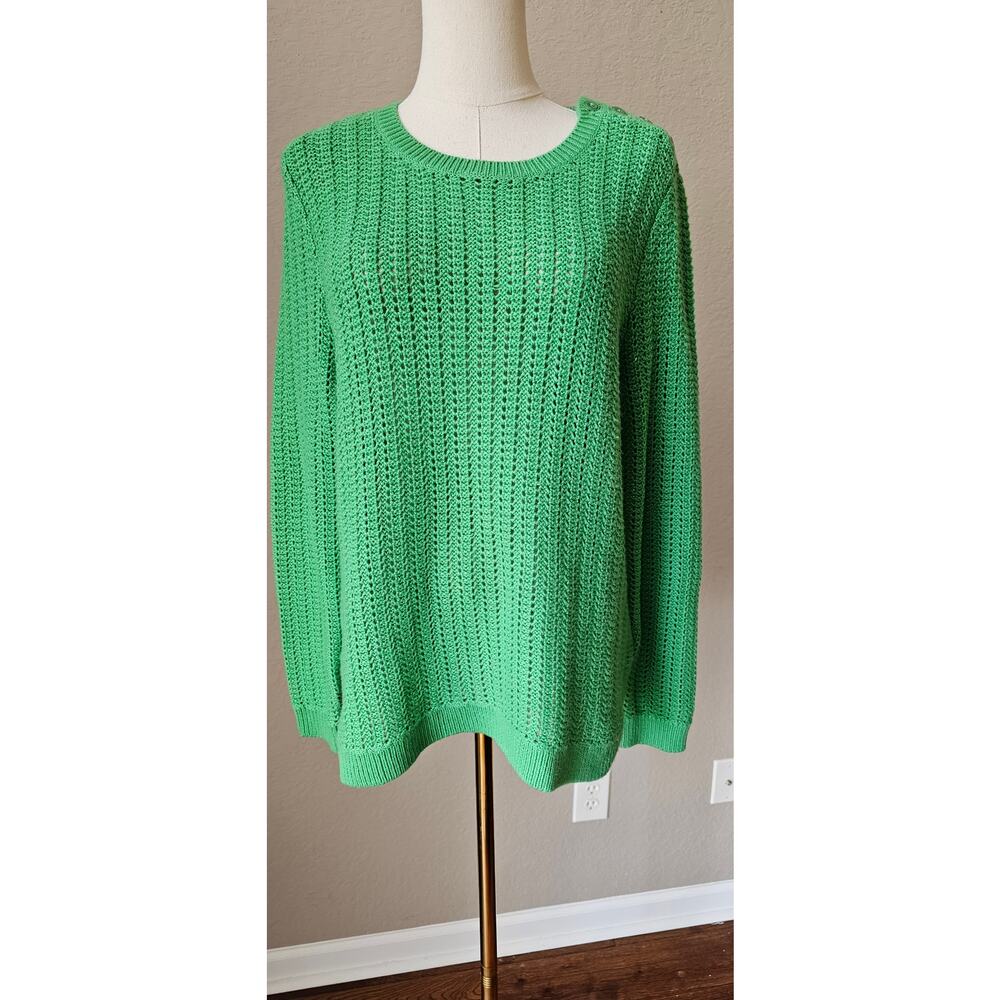 Talbots Button Shoulder Open Knit Soft Lambswool Sweater Women Sz L Petite Green